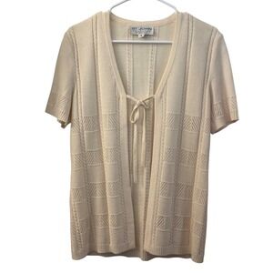 St. John Collection Marie Gray Cream Knit Tie Front Short Sleeve Cardigan Size 4